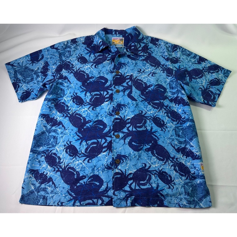 Margaritaville Its 5 OClock Somewhere Silk Crab Blue Hawaiian‎ Shirt Mens Medium